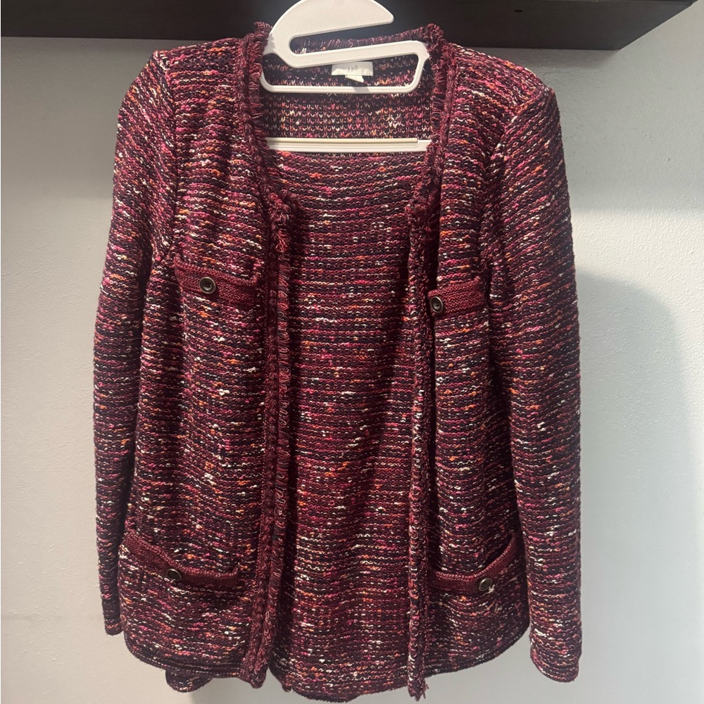J. Jill Marled Burgundy Multicolor Fleck Open Cardigan and Skirt Set